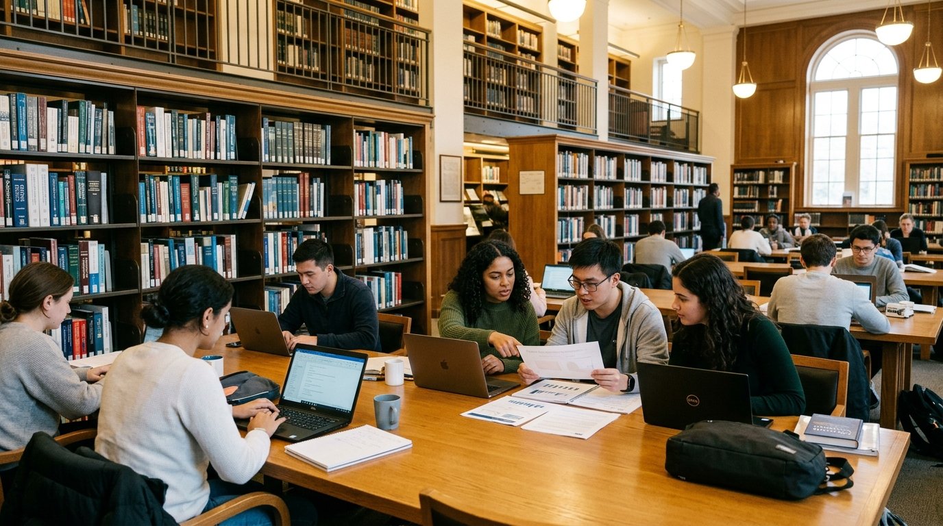 University students and researchers studying in library