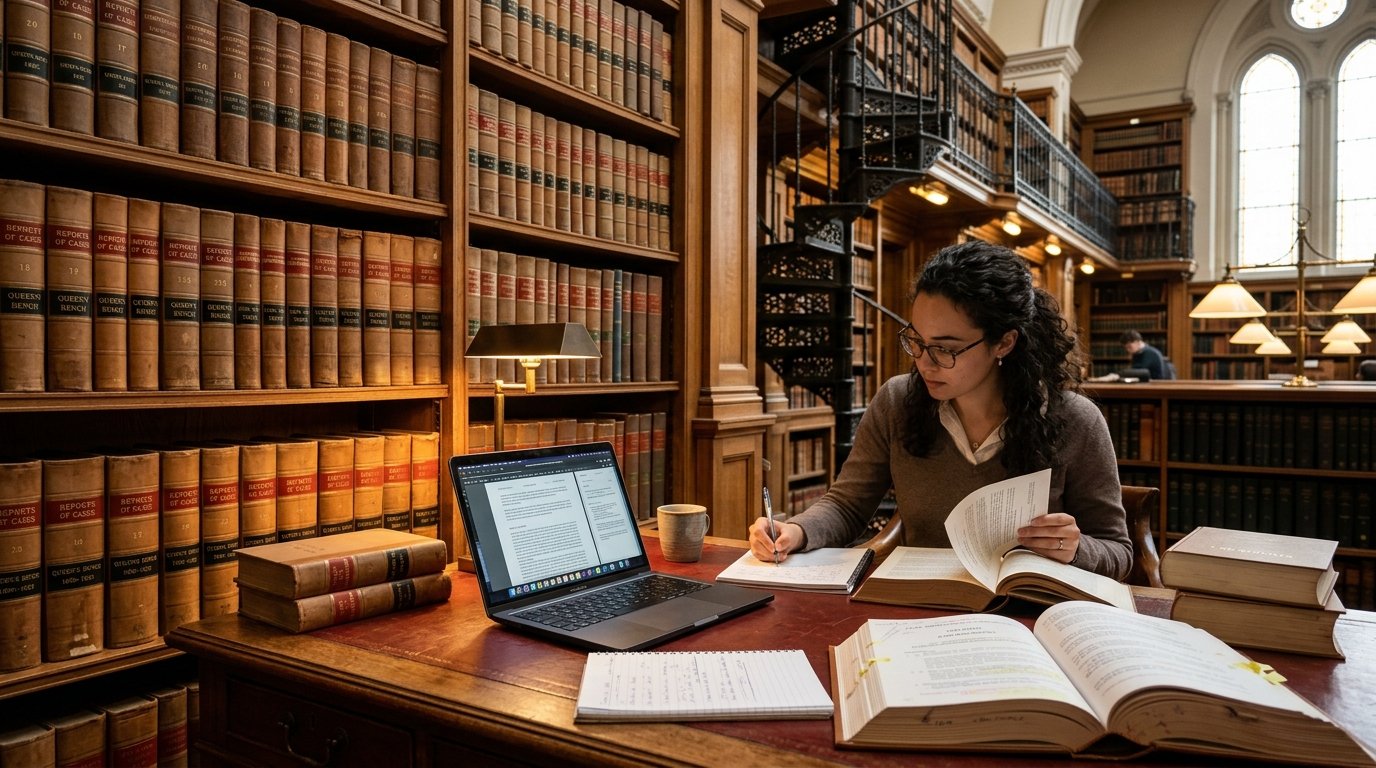 Law student studying case law in legal library