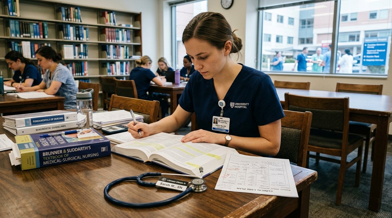 Nursing student studying medical textbooks in hospital library