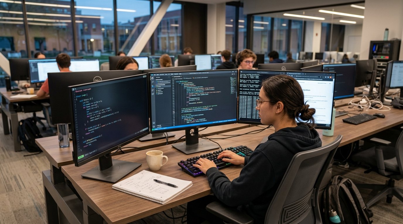 Computer science student coding at multi-monitor developer workstation
